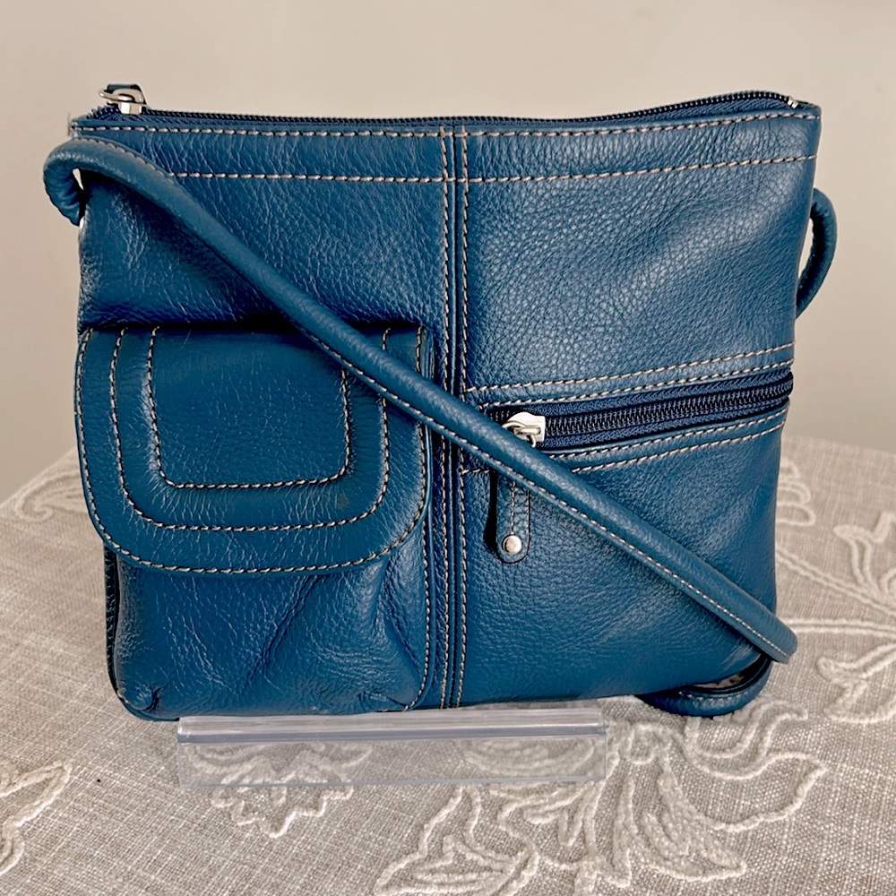 Tignanello Indigo Blue Pebble Leather Multi Pocket Organizer Crossbody Bag